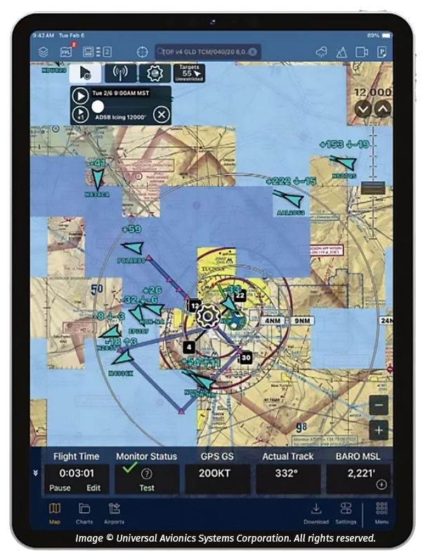Universal Avionics FlightPartner provides a snapshot of critical data in all phases of light including traffic weather, and navigation.